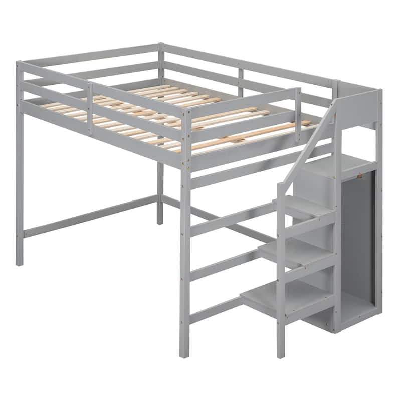 Full Size Loft Bed with Built-in Wardrobe Closet, Storage Staircase, Solid Pine Frame, Space-Saving Design