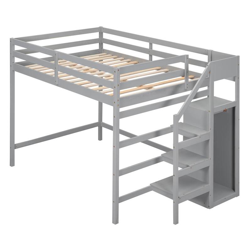 Full Size Pine Loft Bed with Storage Wardrobe & Multi-Functional Staircase (350lb Capacity)