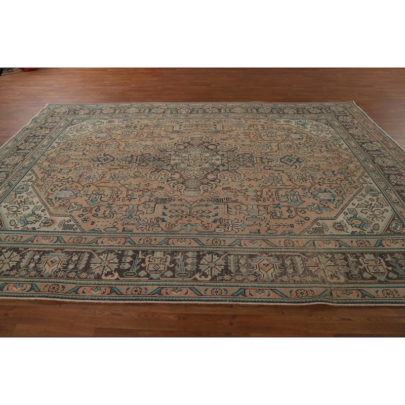 Geometric Tabriz Persian Vintage Rug Handmade Peach Wool Carpet - 7'10" x 10'11"