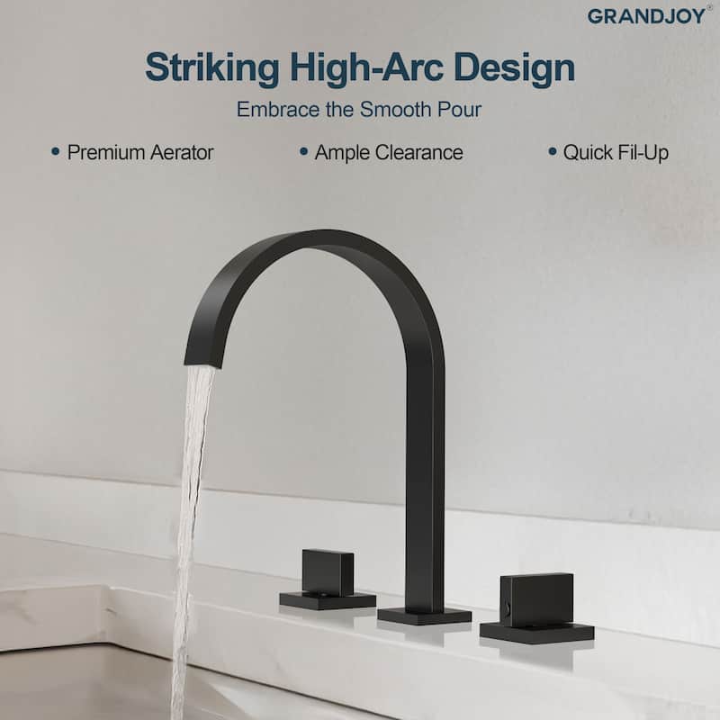 GRANDJOY High Arc Double Handle Bathroom Sink Faucet with Drain - Matte Black