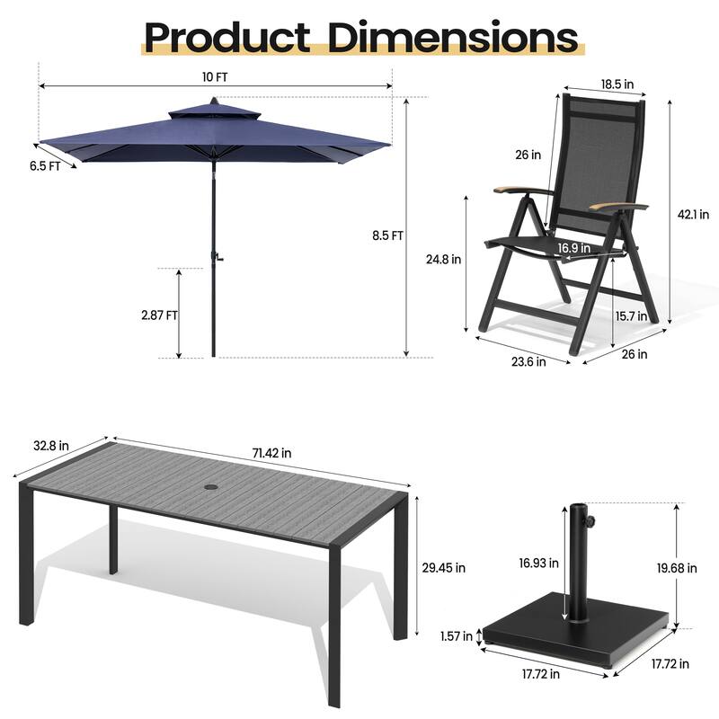 9-Piece Outdoor Patio Dining Set Wood Like Aluminum Umbrella Hole Table with Folding Chairs, Market Umbrella and Base