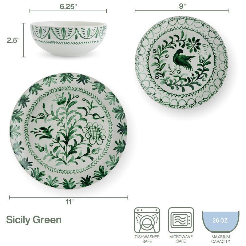 Fitz and Floyd Sicily Green 12-Piece Dinnerware Set, Service for 4