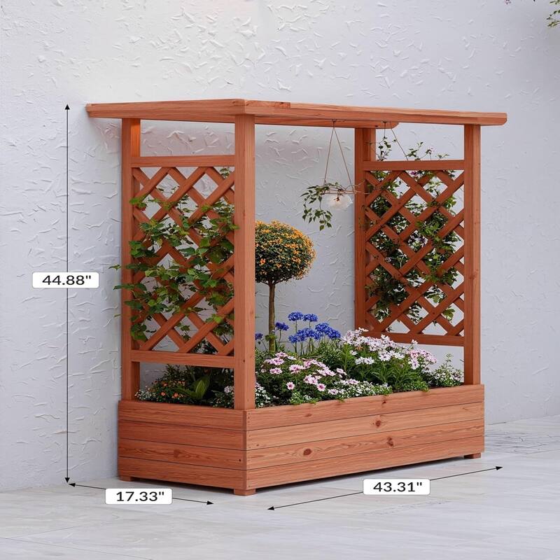 43x17x45 in Wooden Raised Planter Box with Built-In Trellis for Cucumbers Peas and Climbing Flowers
