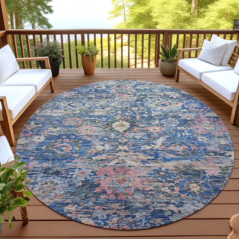 Machine Washable Indoor/ Outdoor Vintage Traditional Chantille Rug - Navy - 8' x 8'