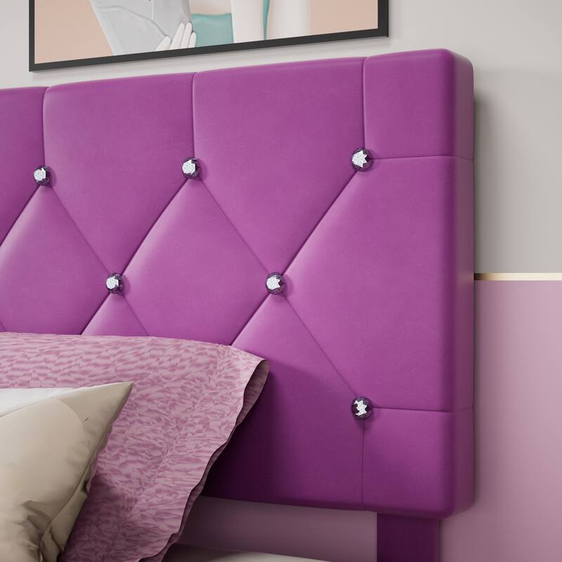 VECELO Bed Frame with Storage Drawers Leather Upholstered with Diamond Tufted Headboard Solid Wood Slat Support