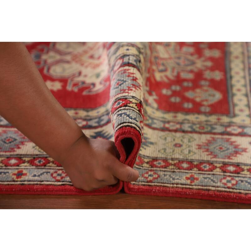 Geometric Kazak Accent Rug Handmade Red Wool Carpet - 3'2"x 5'0"