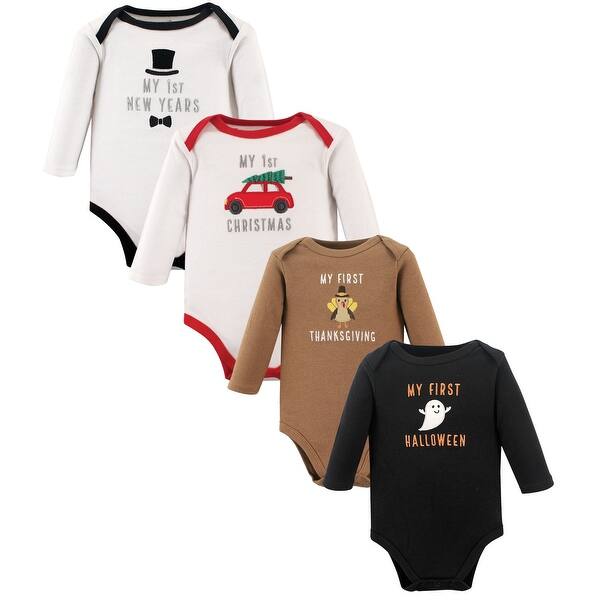slide 1 of 1, Hudson Baby Infant Boy Cotton Long-Sleeve Bodysuits 4pk, Boy Holiday 0-6 Months - Boy Holiday