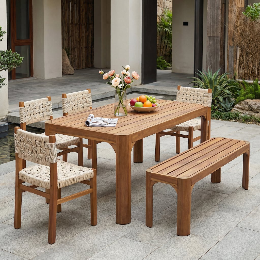 Christopher Knight Home - Outdoor Solid Acacia Wood 6-Piece Dining Set with Rope Woven Chairs, Bench and Slatted Rectangle Table