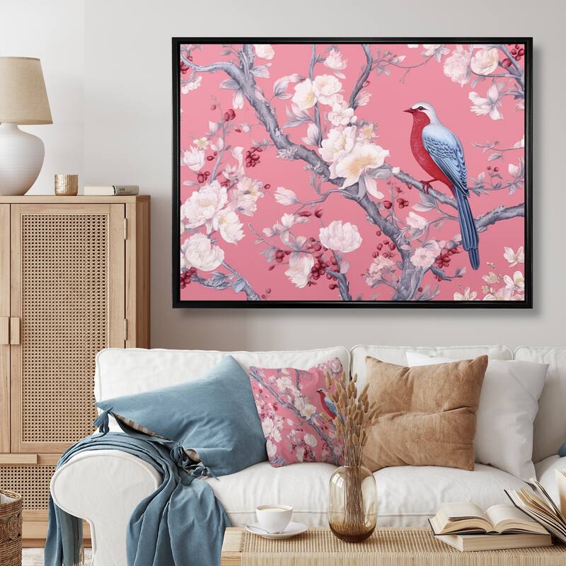 Designart "Cherry Blossum Flower Whispers II" Cherry Blossom Framed Canvas Print - Black - 32 in. wide x 24 in. high