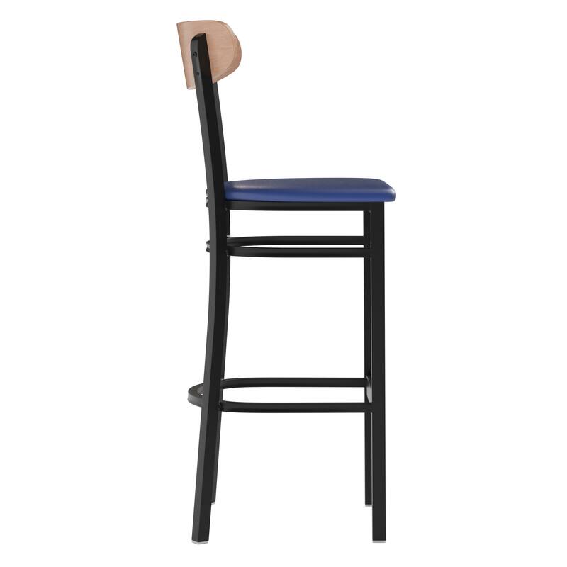 Commercial Metal Barstool with Wood Seat and Boomerang Back