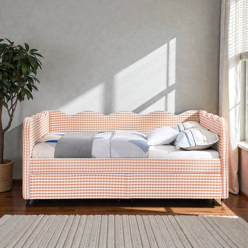 Full Size Gingham Upholstered Daybed with USB Port, Two Storage Drawers and Wave Shaped Design - Pink - Full