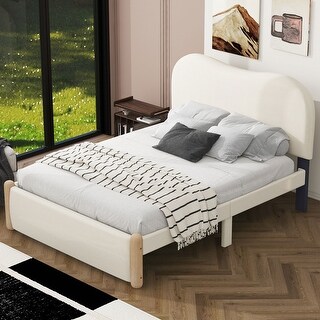 Full Size Upholstered Bed Frame with Curved Headboard and Wooden Legs, Berber Fleece Fabric