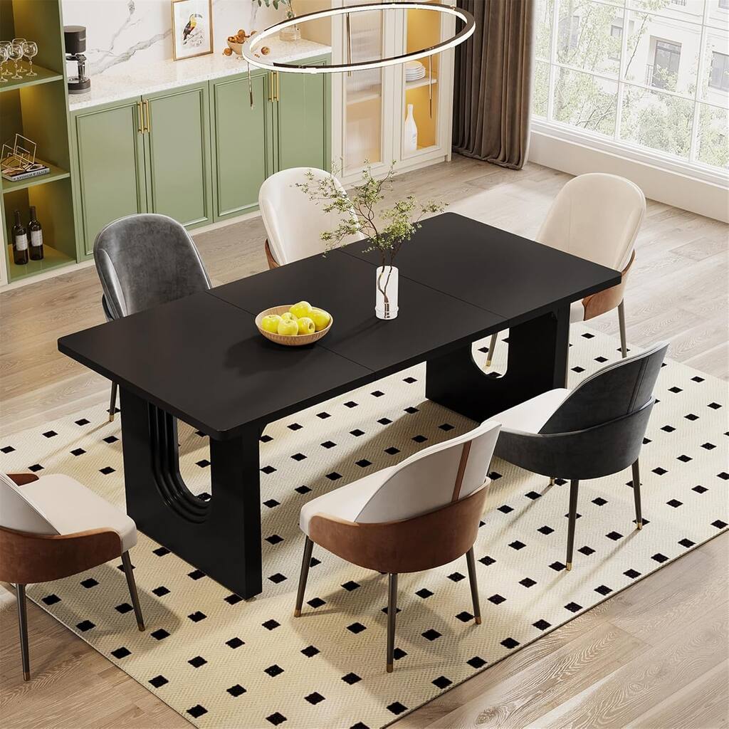 71" Black Dining Table Rectangular with Wood Pedestal Base
