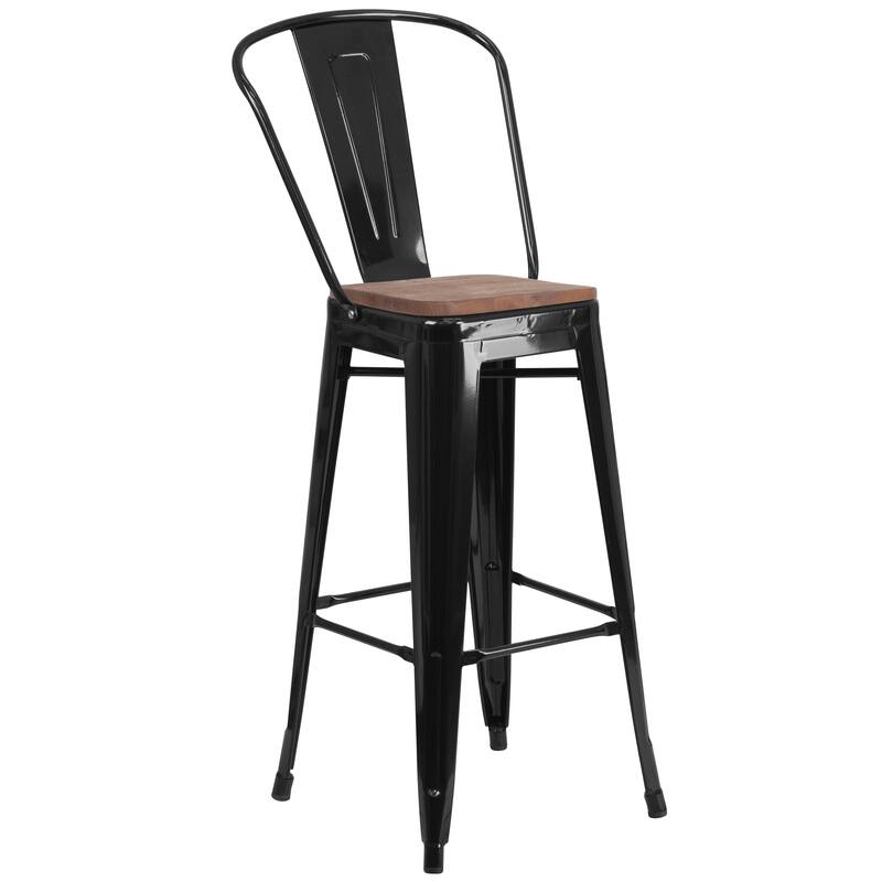 30" High Metal Barstool with Back and Wood Seat - 17.75"W x 20"D x 45.25"H