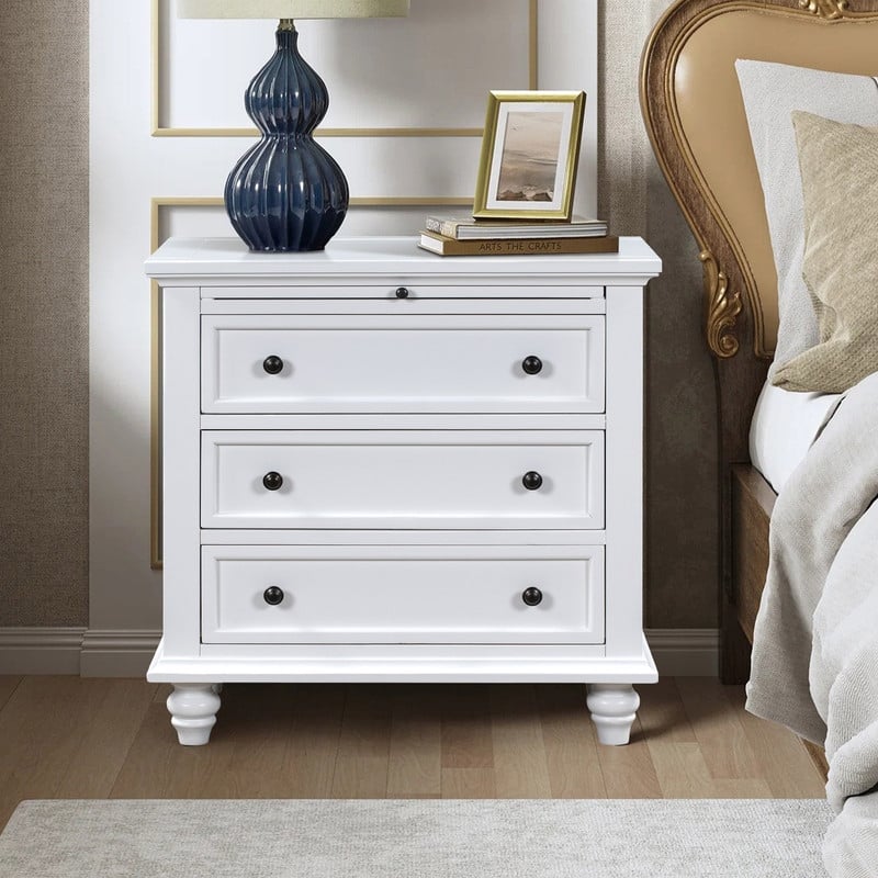 Farmhouse 3-Drawers Wood Nightstands with Pull Out Tray and Solid Wood Legs - White