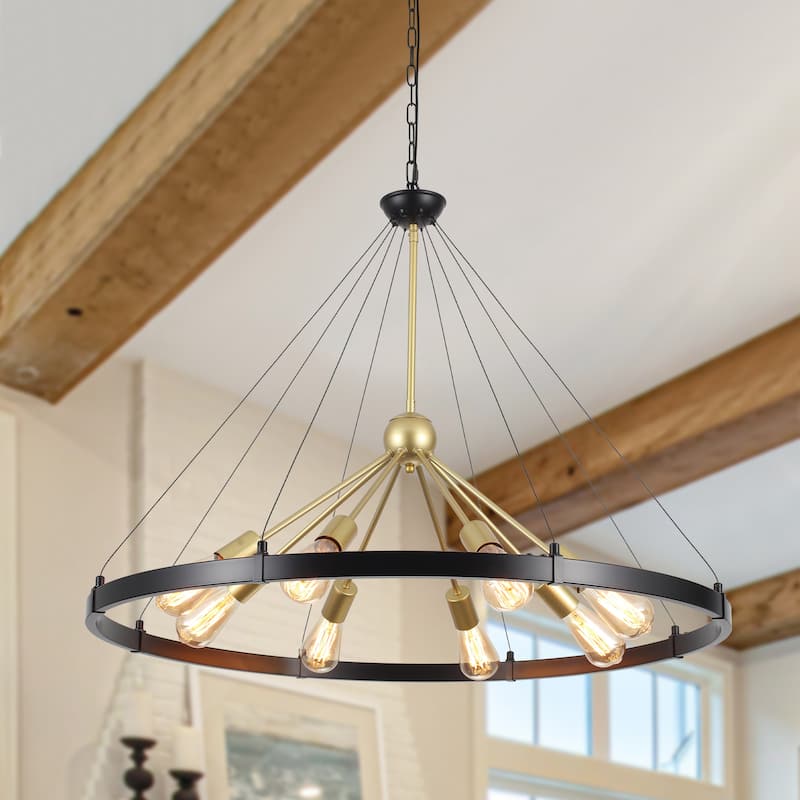 8-Light Farmhouse Wagon Wheel Chandelier with Adjustable Chain - Black+Spray-painted Gold