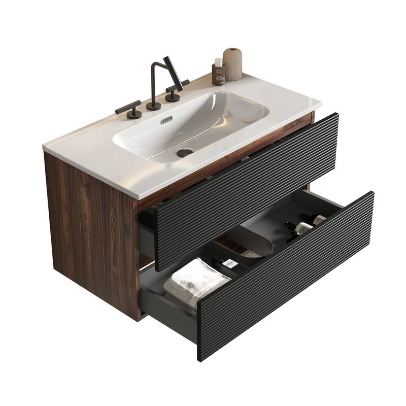 GDFStudio - Gloria Modern Wall-Mounted Floating Bathroom Vanity with Integrated Ceramic Basin & Soft-Close Drawers