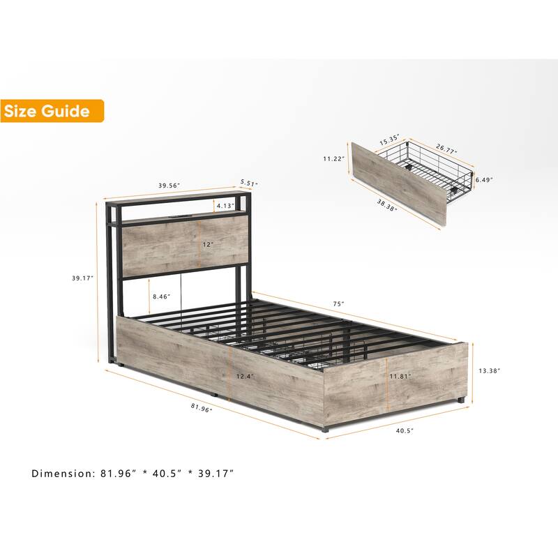 Storage Twin Bed Frame with Charging Station, LED Lights, and Easy Assembly
