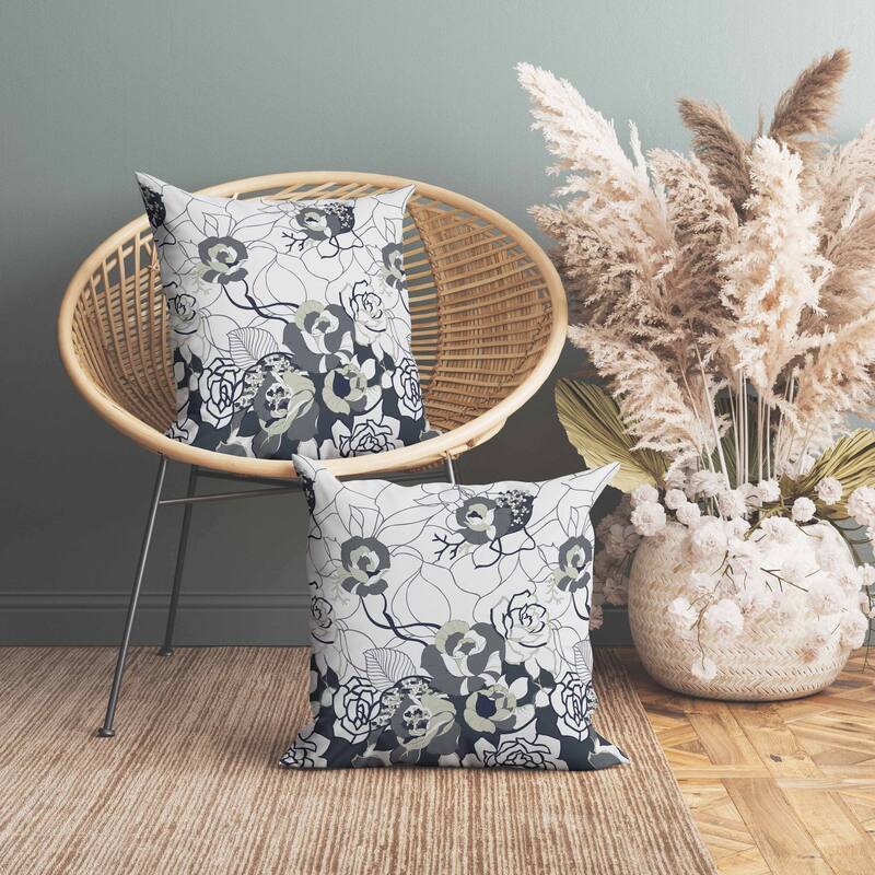 Regal Rose Retreat Indoor/Outdoor Reversible Throw Pillow White and Dark