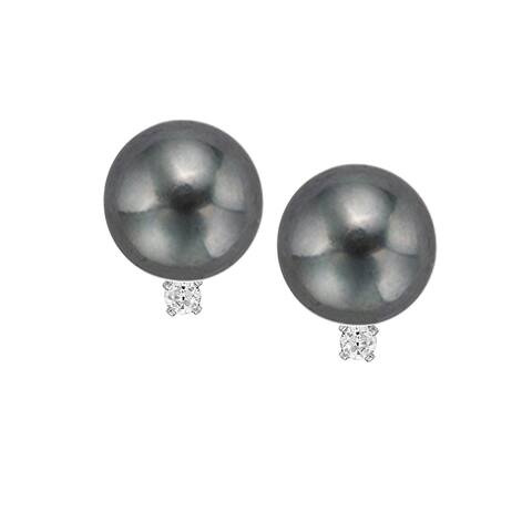 PEARLYTA Sterling Silver 925 Black Freshwater Pearl Earring with 5pt Genuine Cubic Zirconia CZ Accent - Select a size
