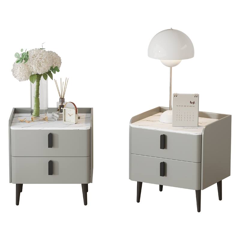 Nightstands Set of 2: 2-Drawer Marble-Pattern Top Modern Bedside/End Table - Gray - Gray