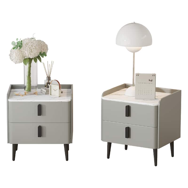 Roomfitters 2-Piece Nightstand Set with 2 Drawers and Marble-Pattern Top, Modern Bedside or End Tables for Bedroom