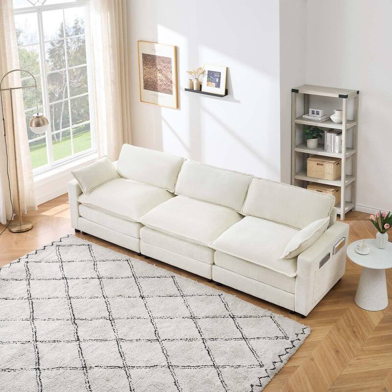 Chenille 113-Inch Modular Combo Sofa, Modern 3-Seater L-Shaped Sofa with Ottoman, 2 Cushions, Side Pockets