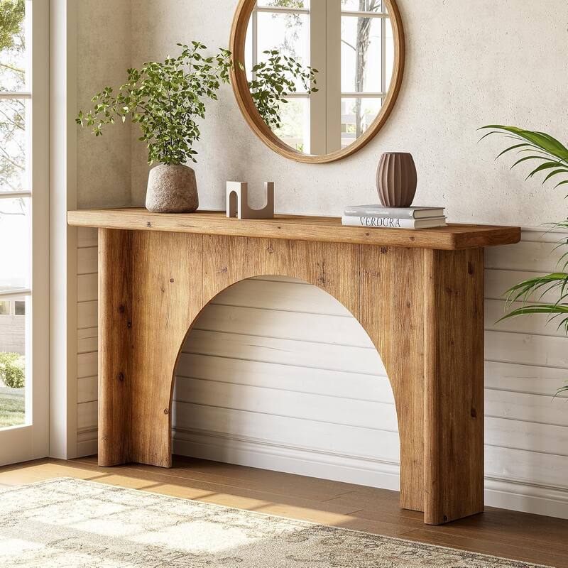 Farmhouse 63 Inches Solid Wood Console Table with Unique Arch Base for Living Room, Entryway, Entrance, Hallway - Brown