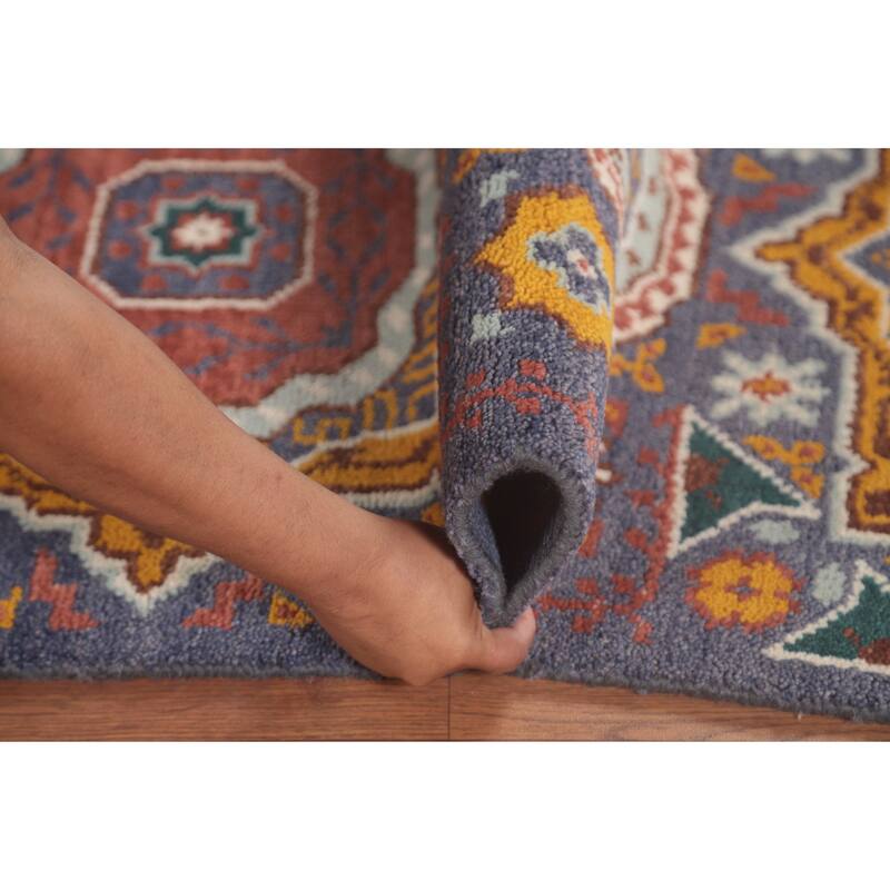 Geometric Blue Kazak Runner Rug Hand-Knotted Wool Carpet - 2'7"x 7'11"