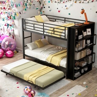 Twin Metal Bunk Bed with Bookshelf and Trundle in Black