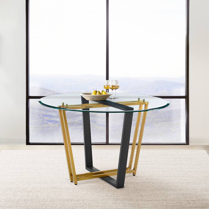 Devi Anastasia 5 Piece Round Glass Dining Table Set with Metal Frame and Upholstered Chairs