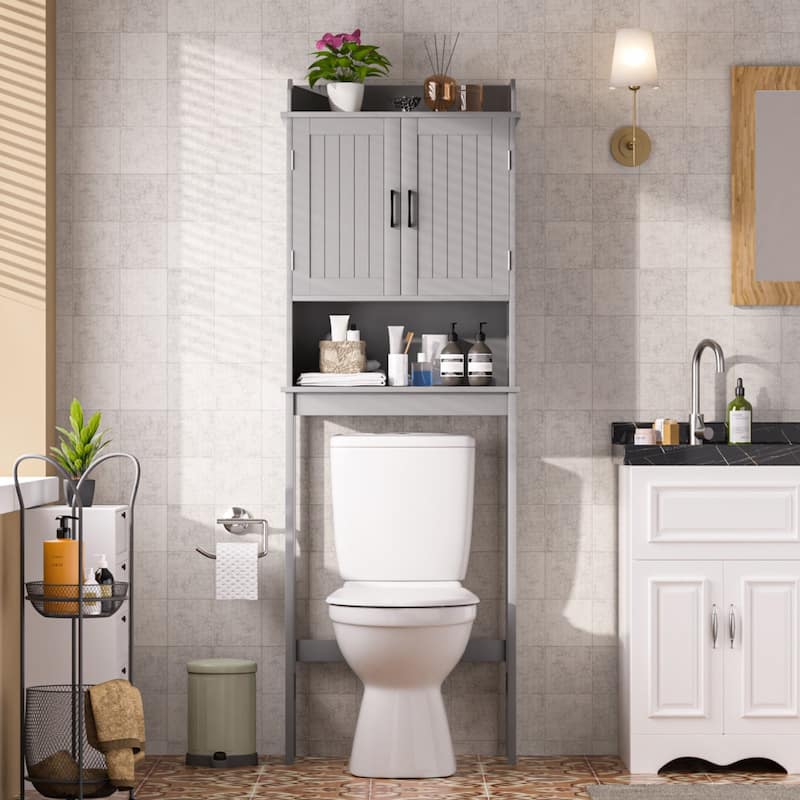 VEIKOUS Bathroom Over The Toilet Storage Cabinet Organizer With Doors and Shelves - Grey
