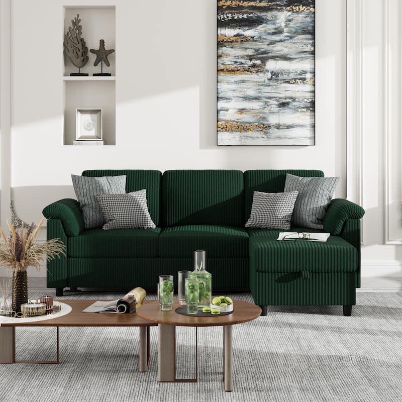 Futzca 79'' Corduroy Sectional Sofa Couch with Removable Pillow - Green