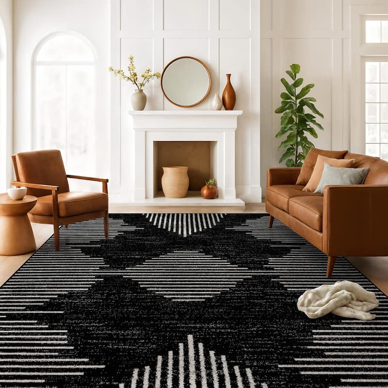 Modern Abstract Area Rug for Living Room, Bedroom, or Entryway - Low Pile Indoor Rug - Black - 7' 10" x 10'