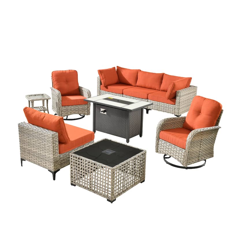 HOOOWOOO 9-piece Wicker Outdoor Patio Furniture Fire Pit Set with Swivel Chairs