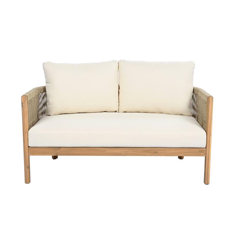 Christopher Knight Home - Rowan 2-Piece Outdoor Acacia Wood Loveseat Set with Woven Rope Accents & Coffee Table