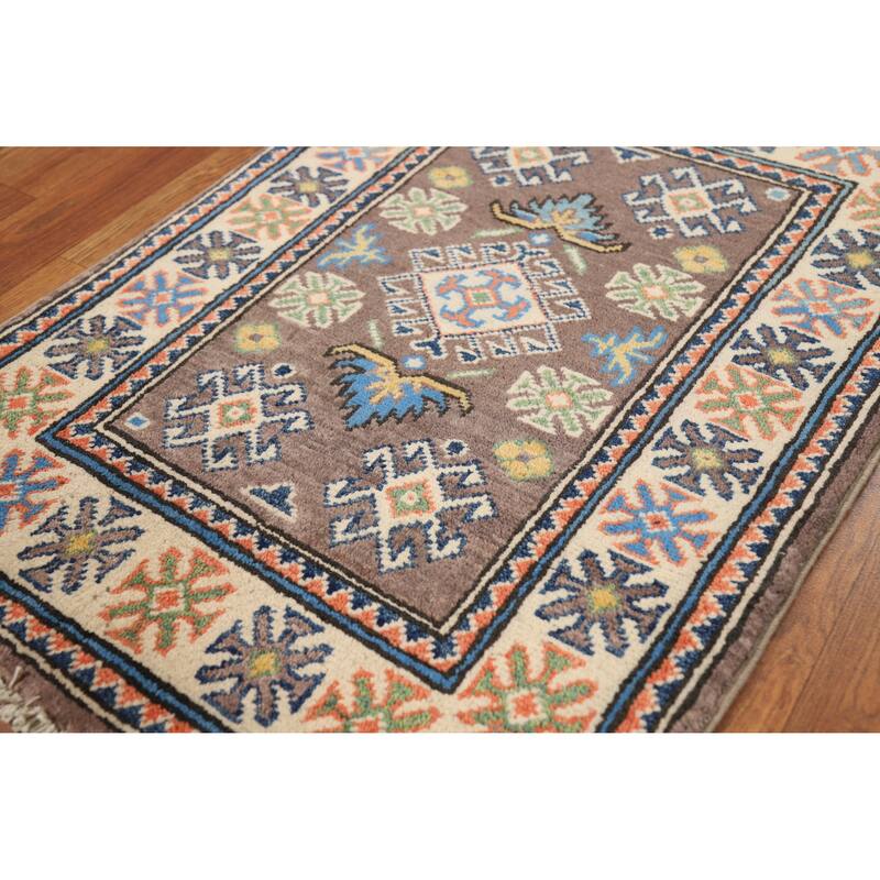 Traditional Kazak Oriental Foyer Rug Hand-Knotted Brown Wool Carpet - 2'0"x 3'0"