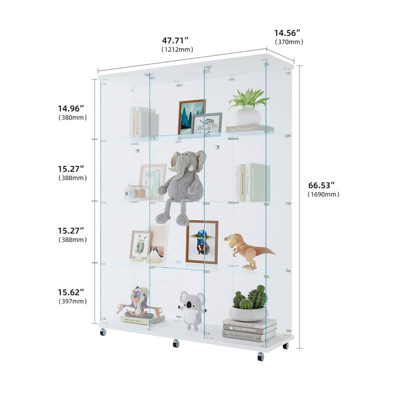 Glass Display Cabinet with Doors & Locks, Acrylic Shelves, Floor Standing Storage Showcase for Home or Office