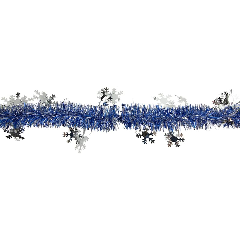 50'x2" Royal Blue Silver Christmas Tinsel Garl with Snowflakes - Unlit