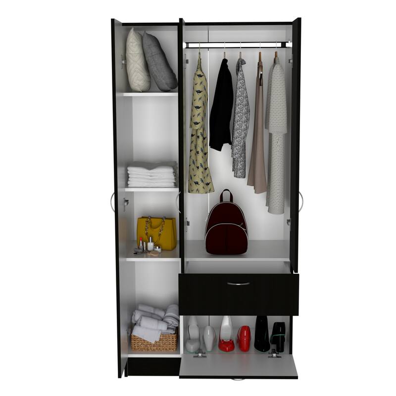32.2" Modern Double-door Armoire with Five Shelves and One Drawer for Bedroom