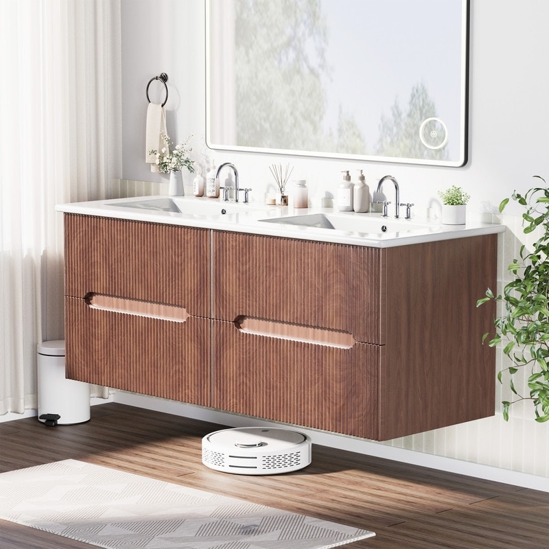 48" Floating Double Sink Bath Vanity with Ceramic Basin & Large Storage Drawers
