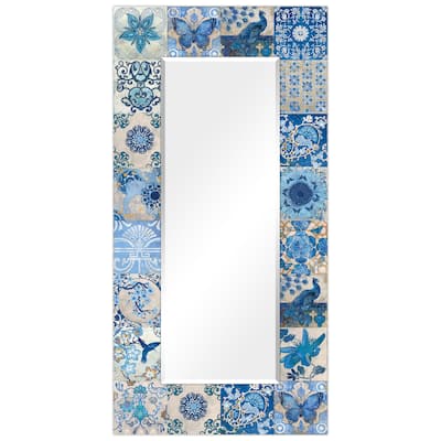 "Blue & White Tiles" Abstract Rectangular Beveled Wall Mirror on Free Floating Tempered Glass - Clear - 72 x 36