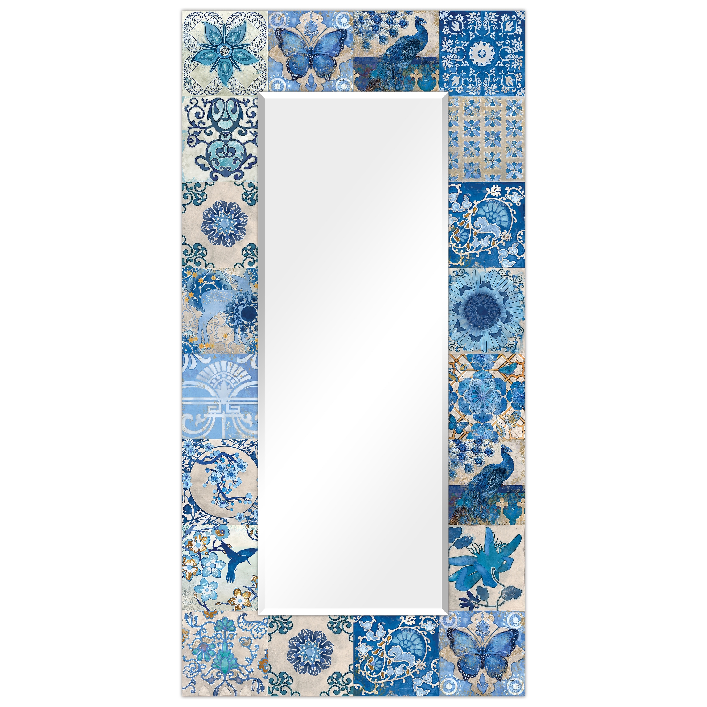 "Blue & White Tiles" Abstract Rectangular Beveled Wall Mirror on Free Floating Tempered Glass - Clear - 72 x 36
