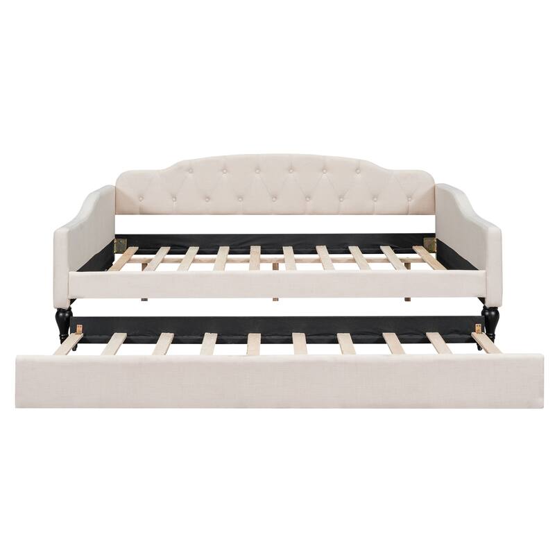 Full Size Daybed, Low-Profile Upholstered Tufted Trundle w/Button Back and Piping Waved Shape Arms for Bedroom/Apartment