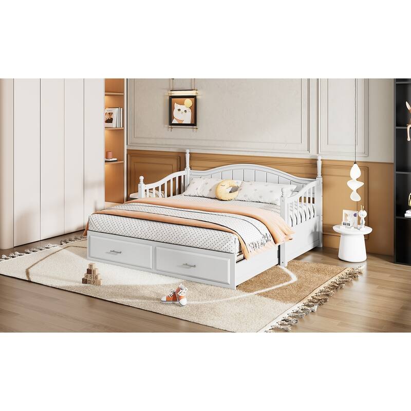 Twin Size Wooden Daybed with Two Storage Drawers and Trundle for Bedroom