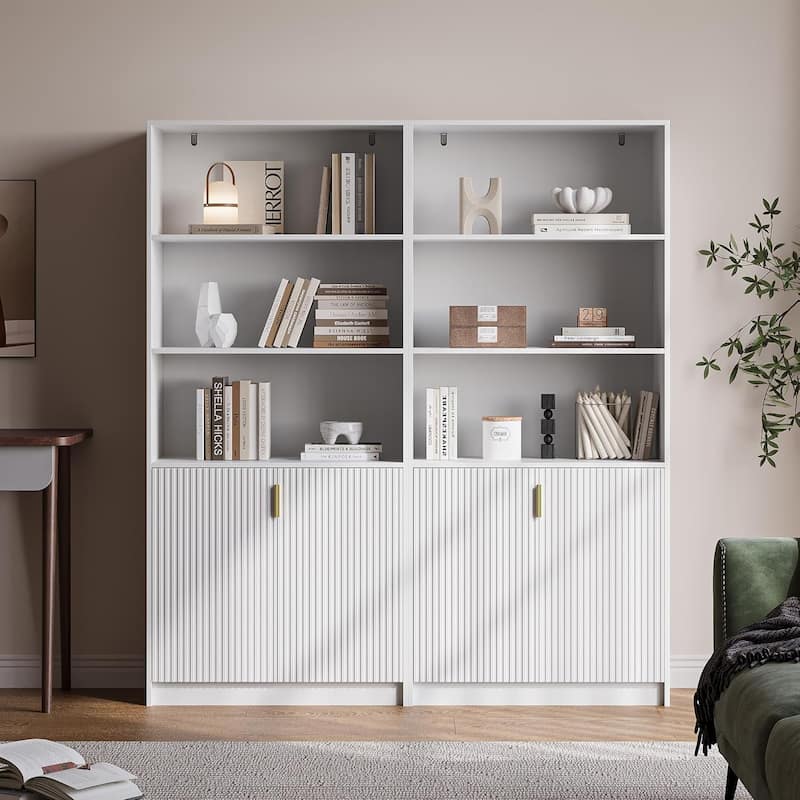 70.8 Inch Modern Display Cabinet Fluted Doors Gold Handle Bookcase Living Room Office