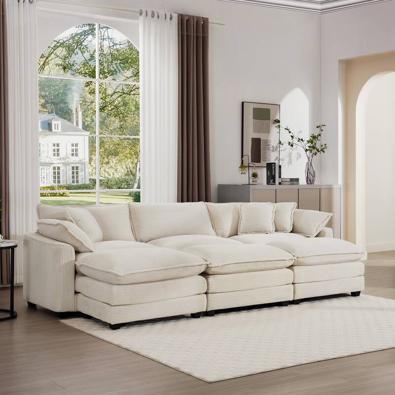 Oversized Corduroy Sofa with 3 Ottomans, Modular Set for Living Room, Convertible Sleeper
