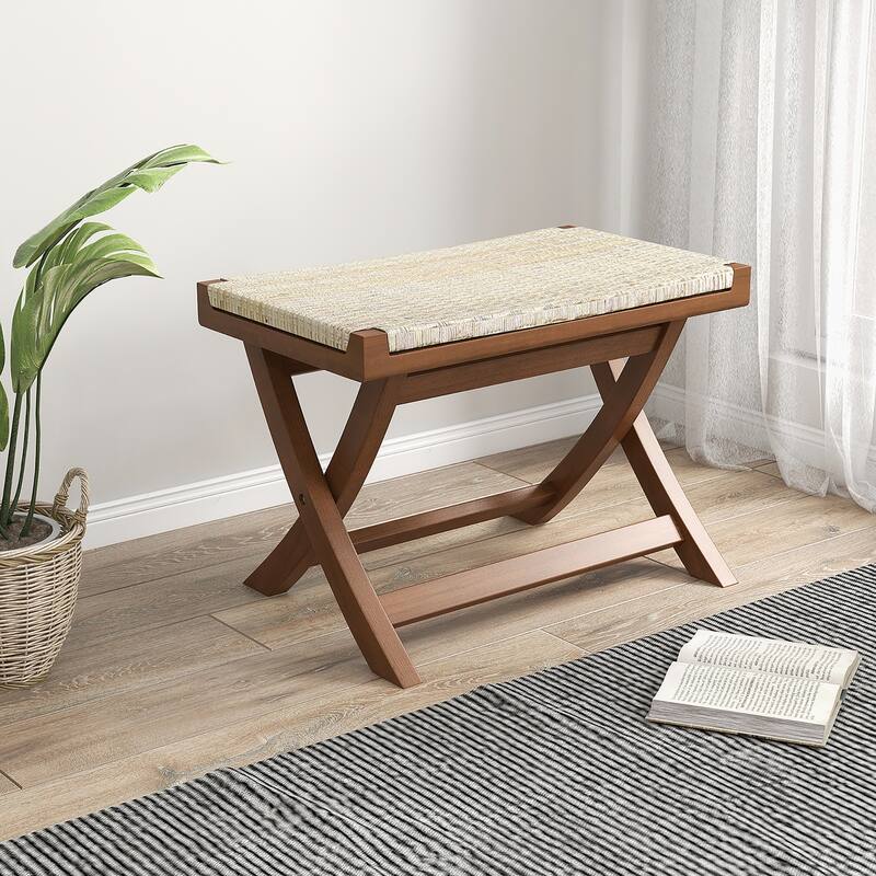 Gymax 2PCS Folding Natural Rattan Ottoman w/Hand-woven Seat & X-shaped