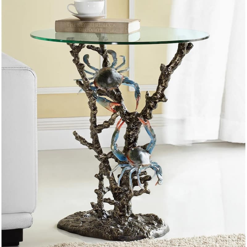 Aluminum Coral And Crab Decorative Glass Top End Table - 21.5 X 22 X 22 inches