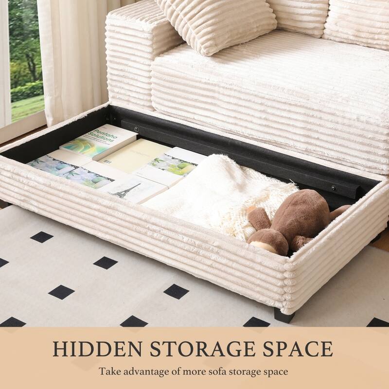 108.66" Thickened Corduroy Sectional Sofa with Storage Ottoman & Throw Pillows